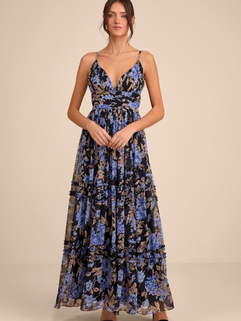 Lulus Niora Black And Blue Floral Pleated Maxi Dress - Size S